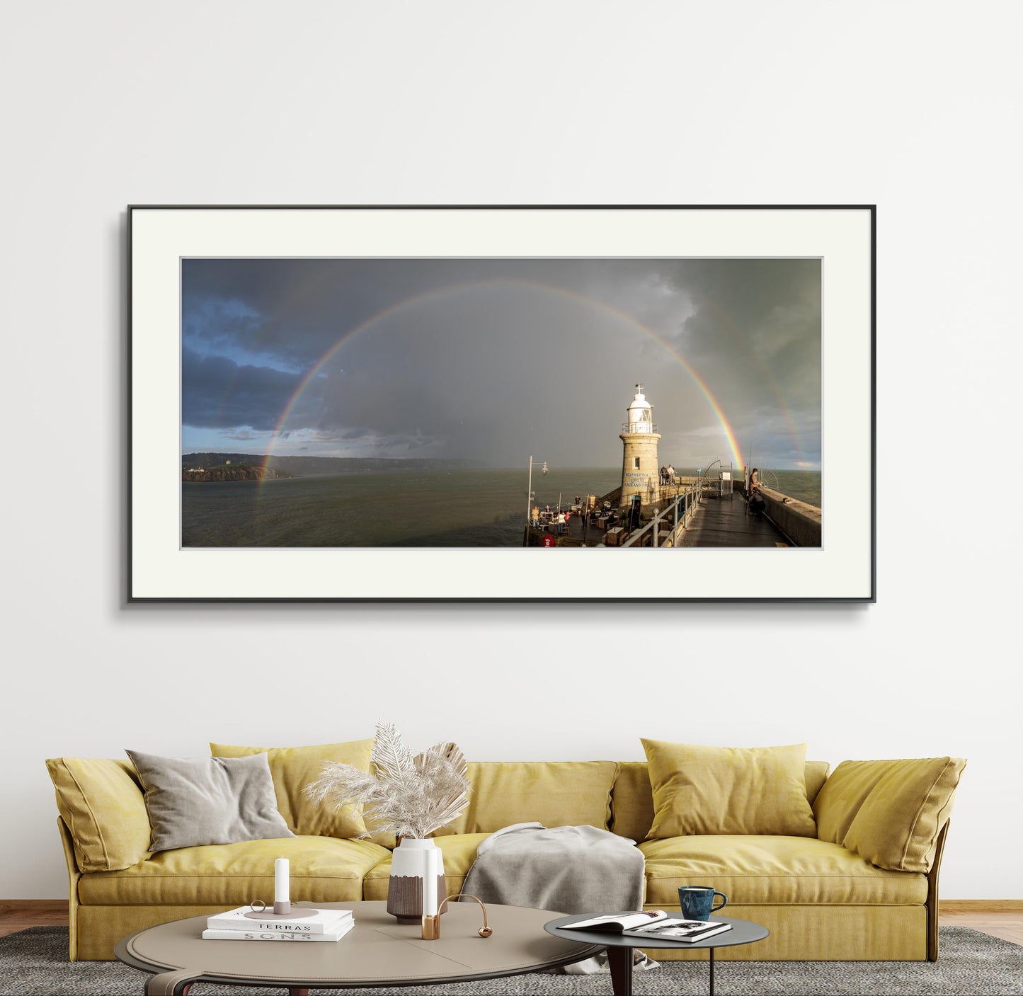 Rainbow Over The Harbour Arm Lighthouse Panorama