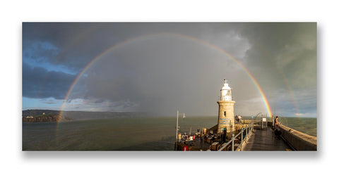 Rainbow Over The Harbour Arm Lighthouse Panorama